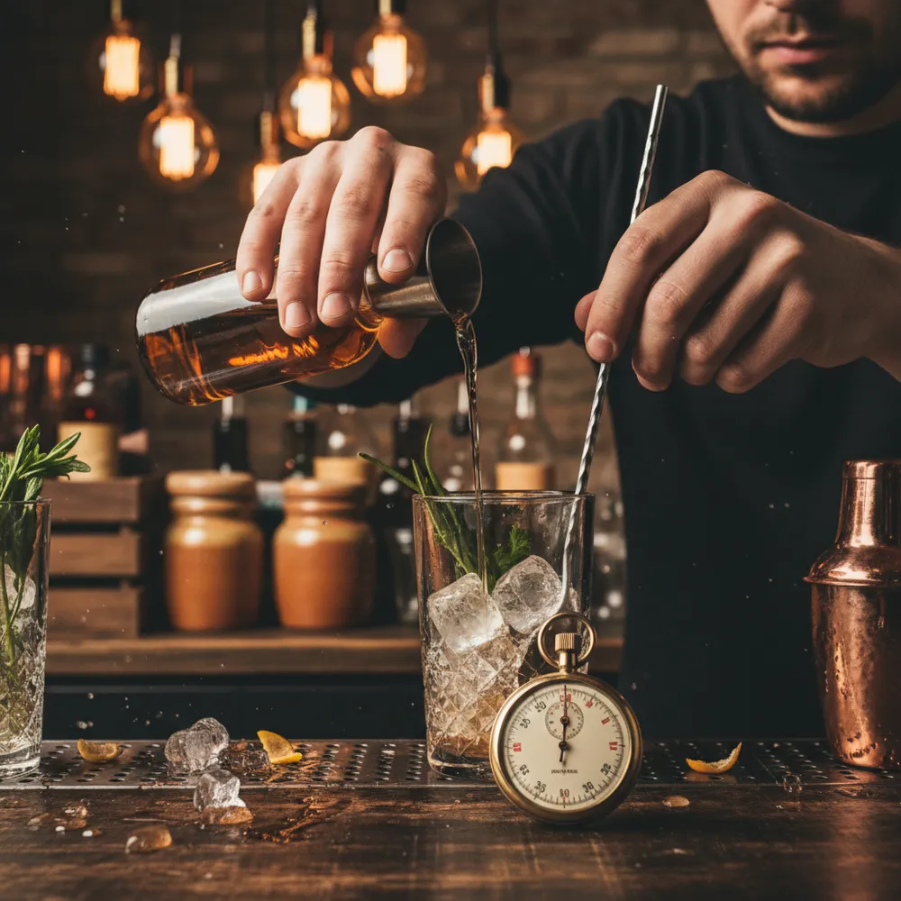 A finished cocktail on a bar beside professional tools
